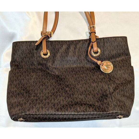 Michael Kors Signature Brown Coated Canvas Jet Set East West Tote Bag Purse - Picture 2 of 15